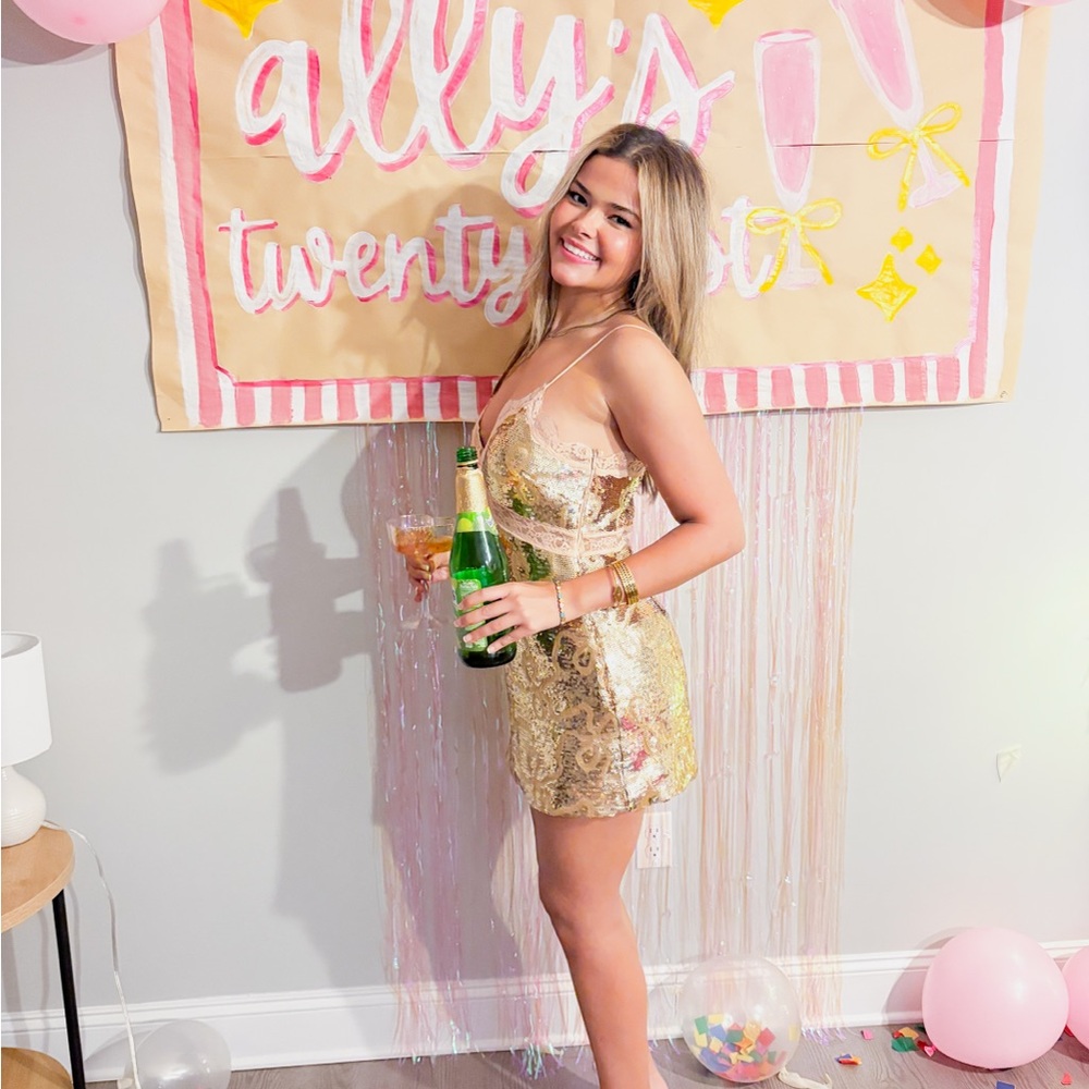 LoveShackFancy Gold Sequin Mini Dress